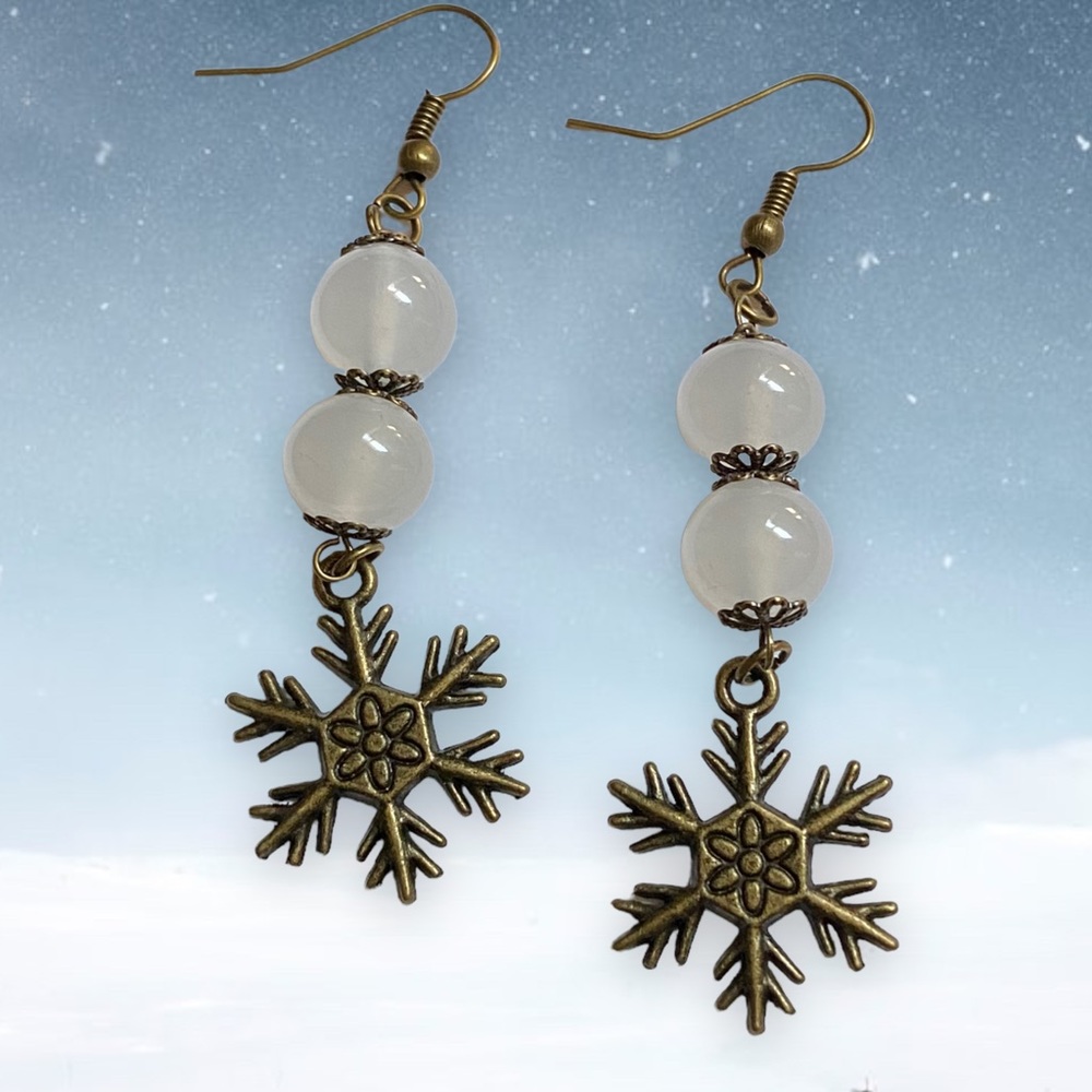 Hand Crafted Snowflake & Snow Ball Earrings Dangle Brass Holidays Pierced - Picture 2 of 8